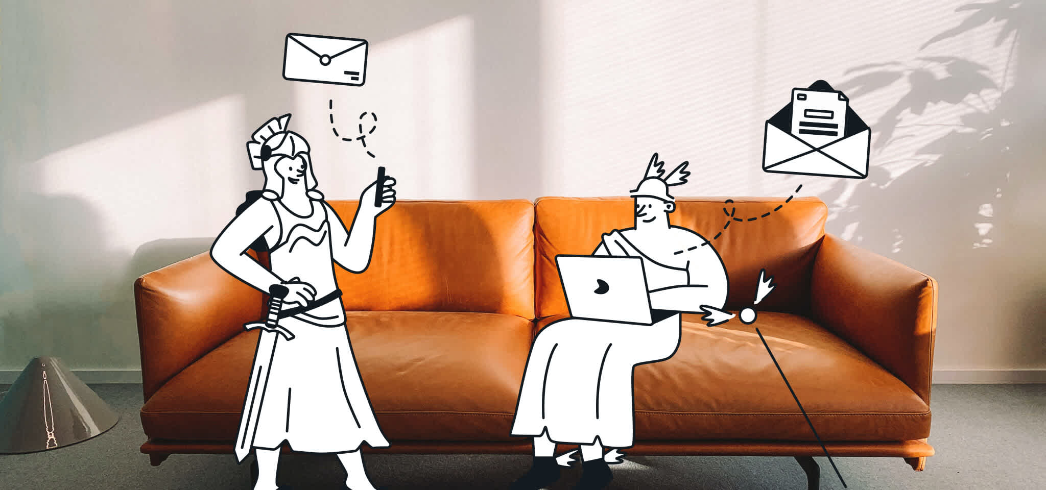 Hermes sitting with laptop an orange sofa, Hera talking