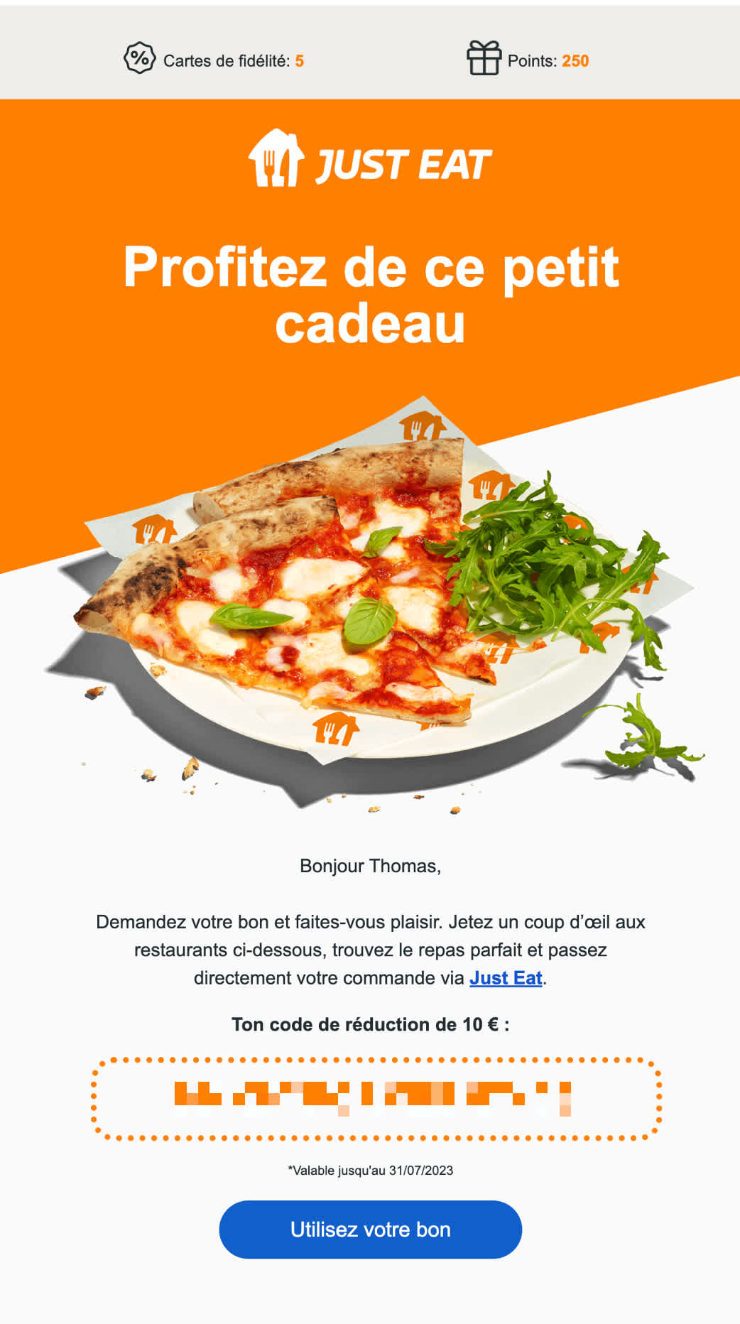 Email de Just Eat contenant une récompense