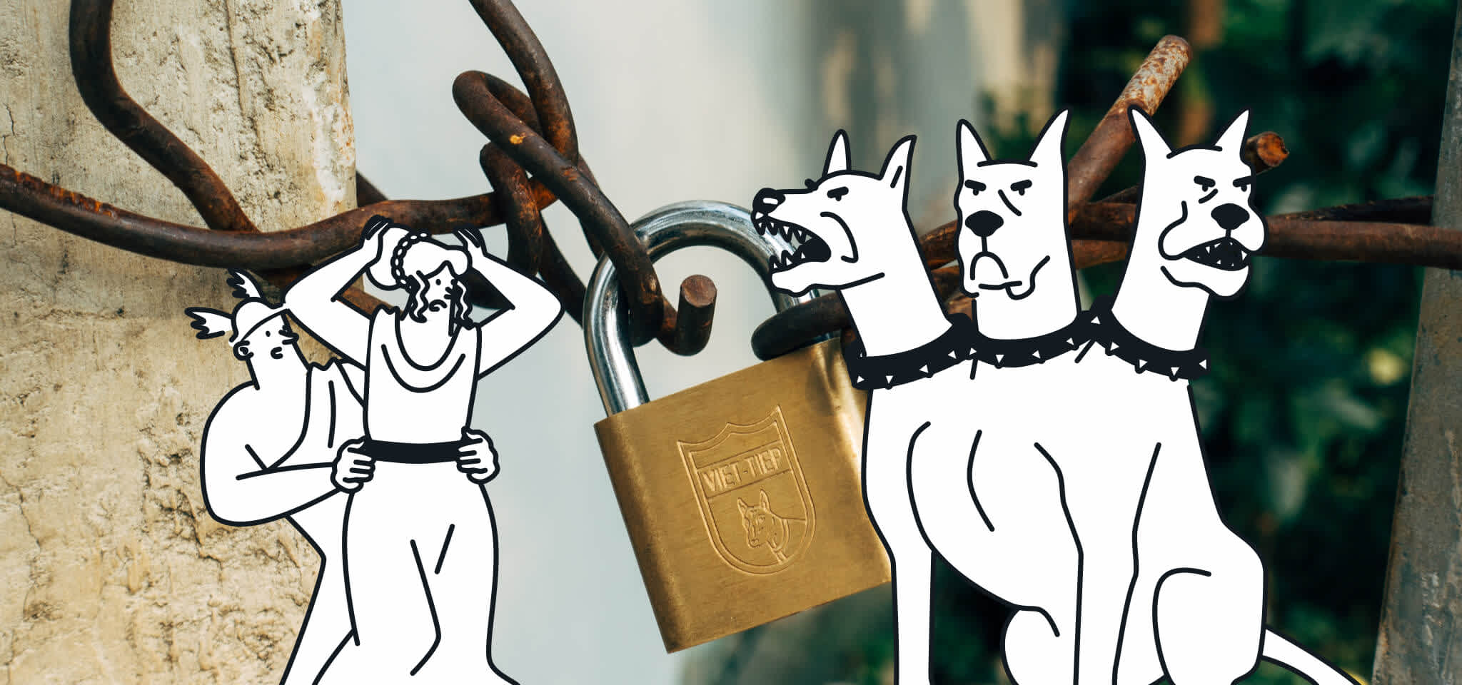 Hermes hiding behind Hera from three headed dogs