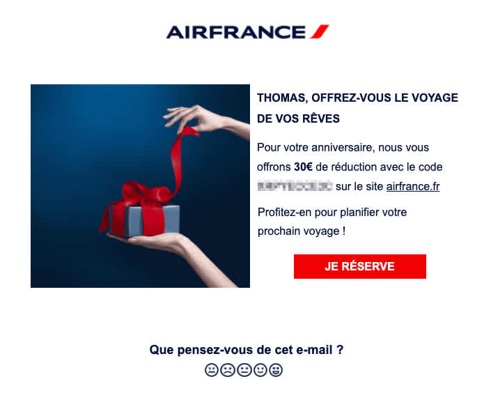 Email d’Air France personnalisé avec le prénom