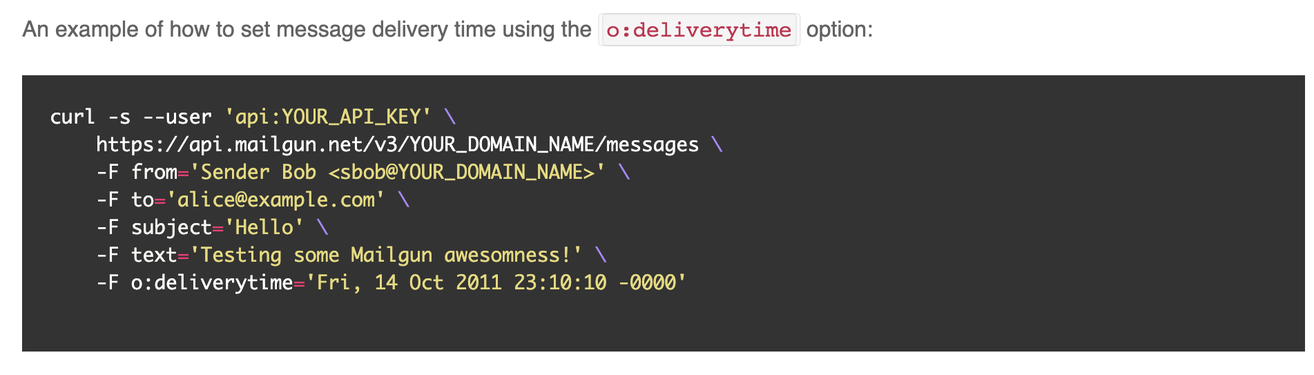 Setting a delivery time in cURL code for a message