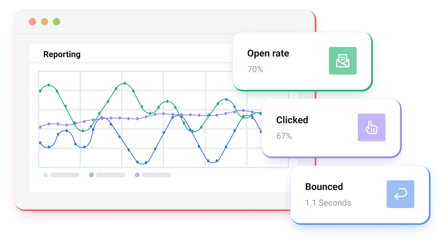 Reporting graph of open rate, clicked, and bounced statistics