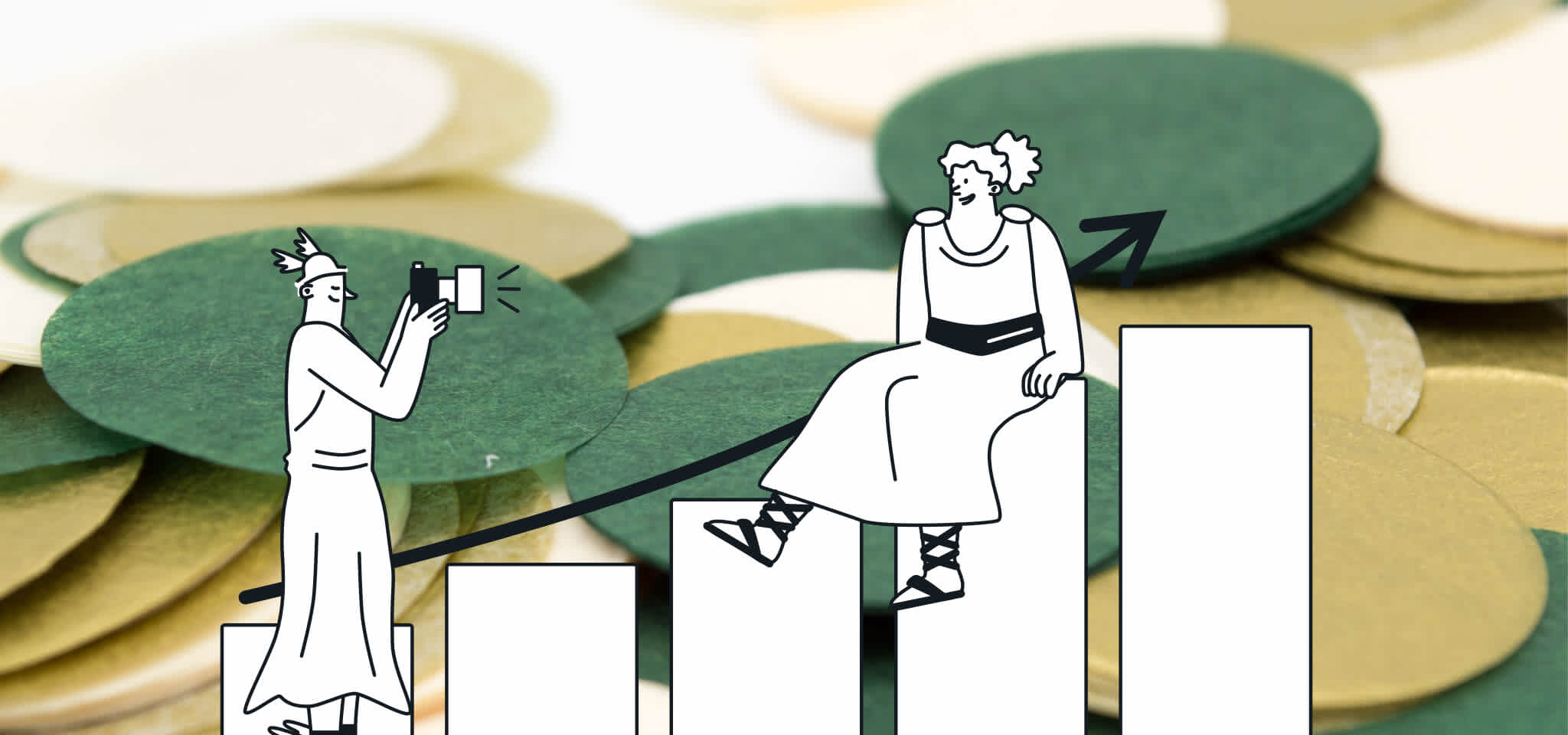 Hermes takes a picture of a Goddess sitting on the stats in front of some circles