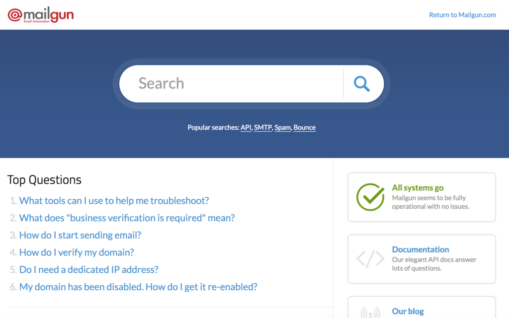 Screenshot of the Mailgun Help Center