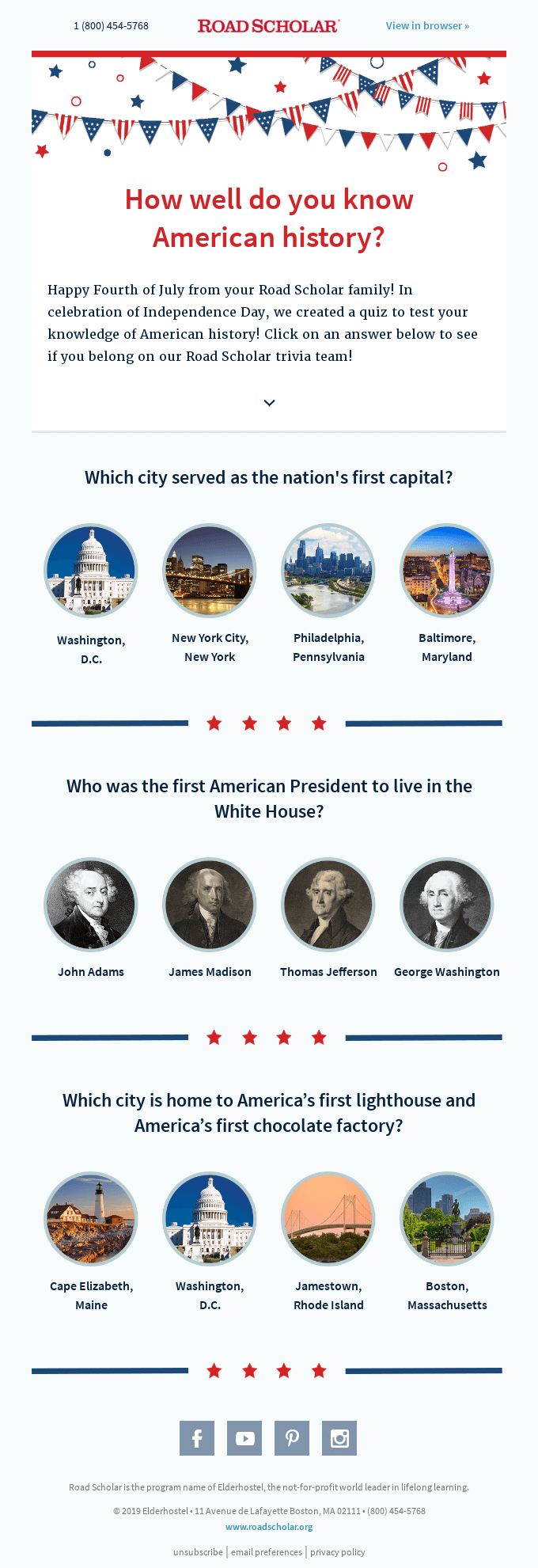 An example of a history quiz survey included in a 4th of July email campaign