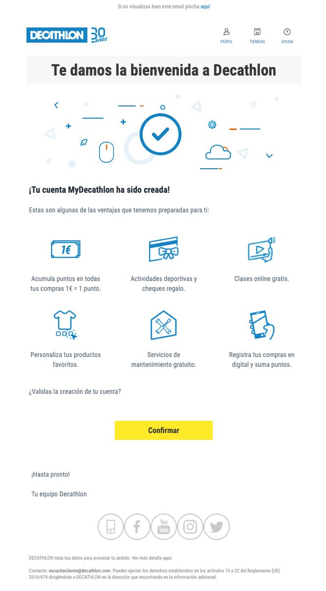 Email de bienvenida de Decathlon, con un CTA en amarillo que contrasta con el resto del correo.