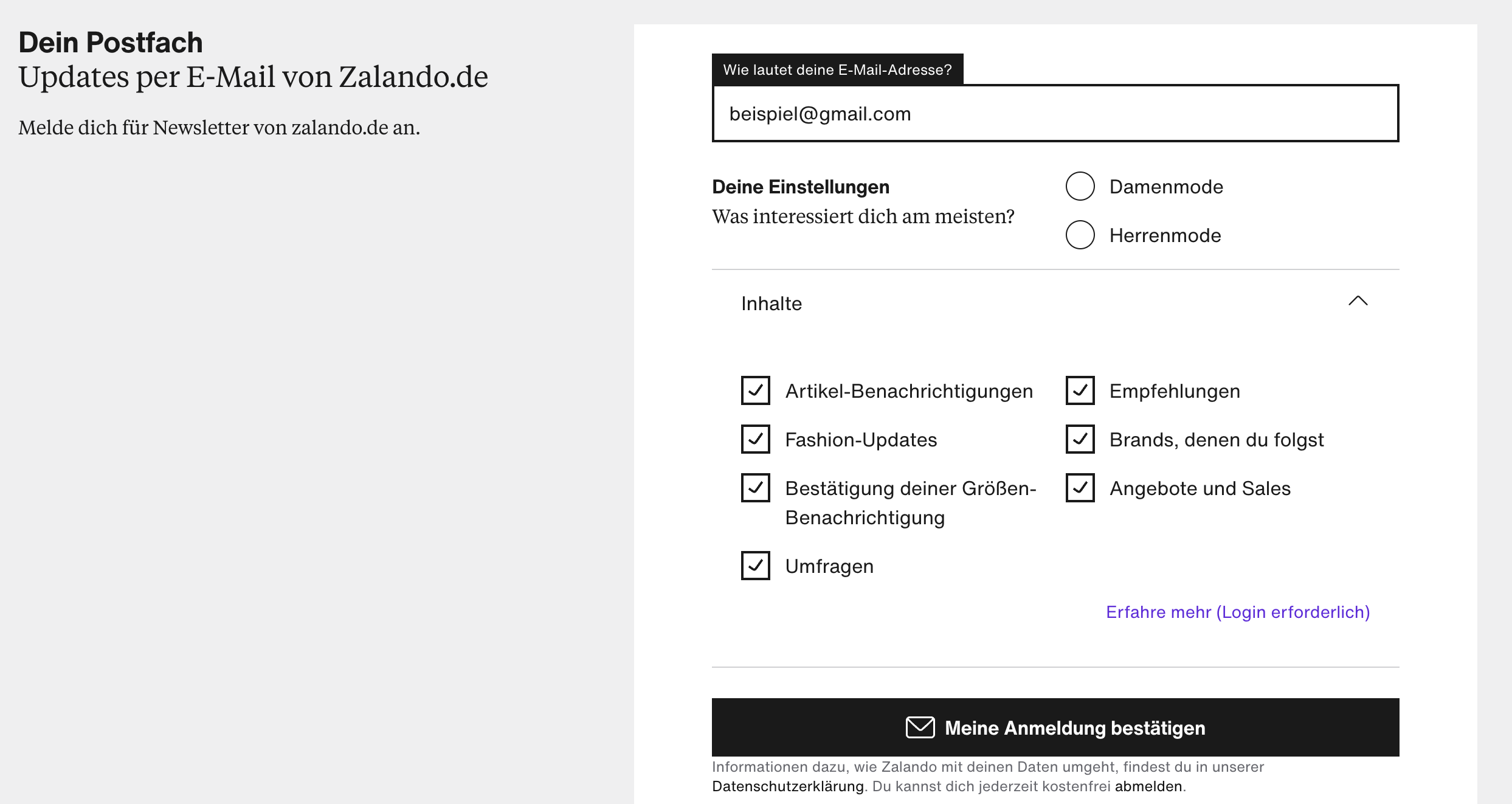 Anmeldung für den Newsletter von Zalando mit personalisierten Informationen