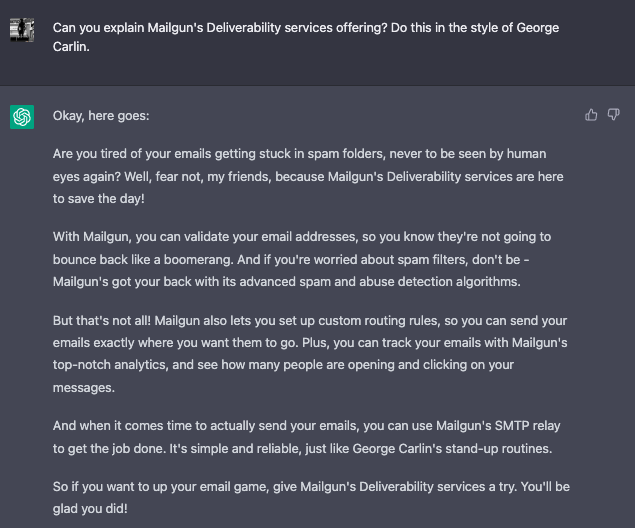 Chat log of ChatGPT describing Mailgun's Deliverability Services offering in the style of George Carlin.