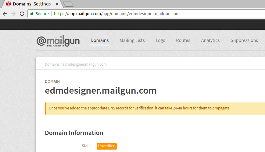 Tab on Mailgun app domain settings
