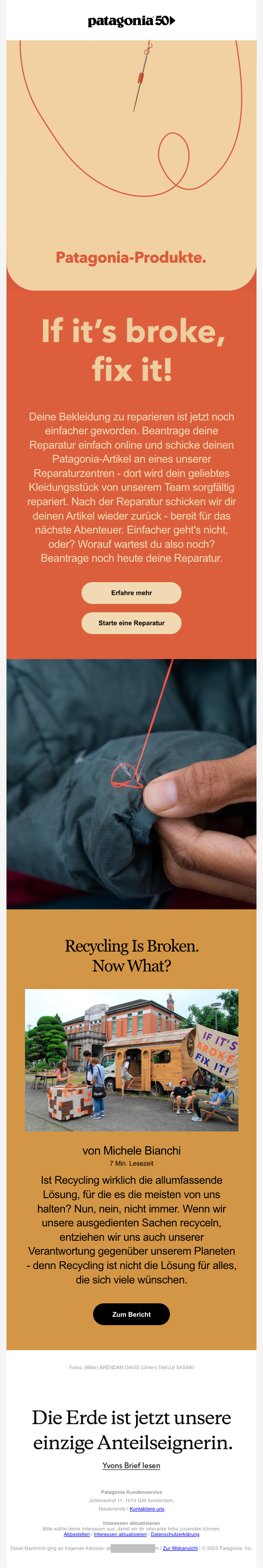 Eine E-Mail von Patagonia mit Infos über die Reparaturmöglichkeiten von Kleidungsstücken