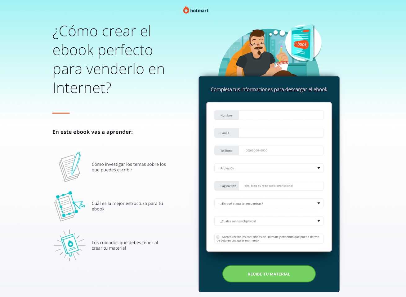 Ejemplo de página de destino para descargar un ebook de Hotmart.