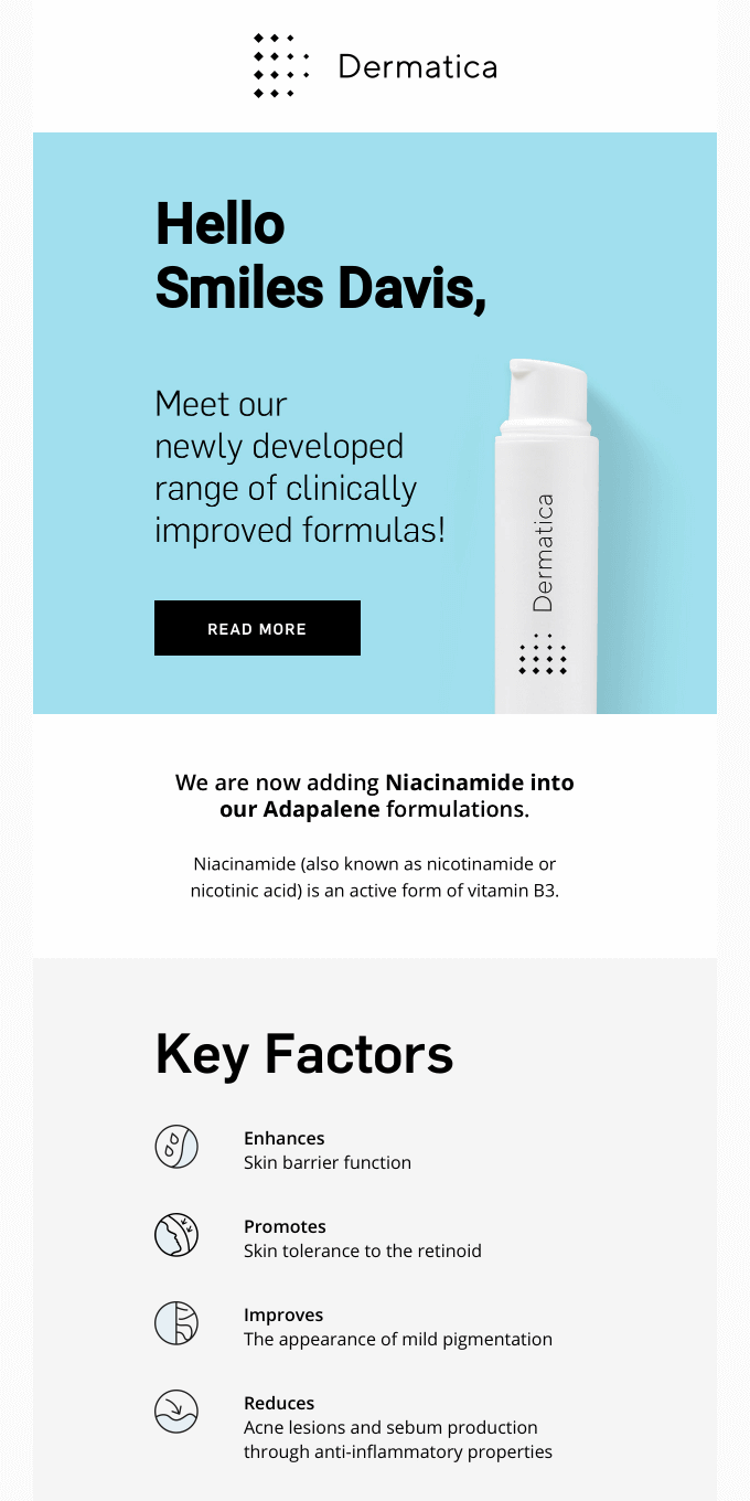 Skin care product update email