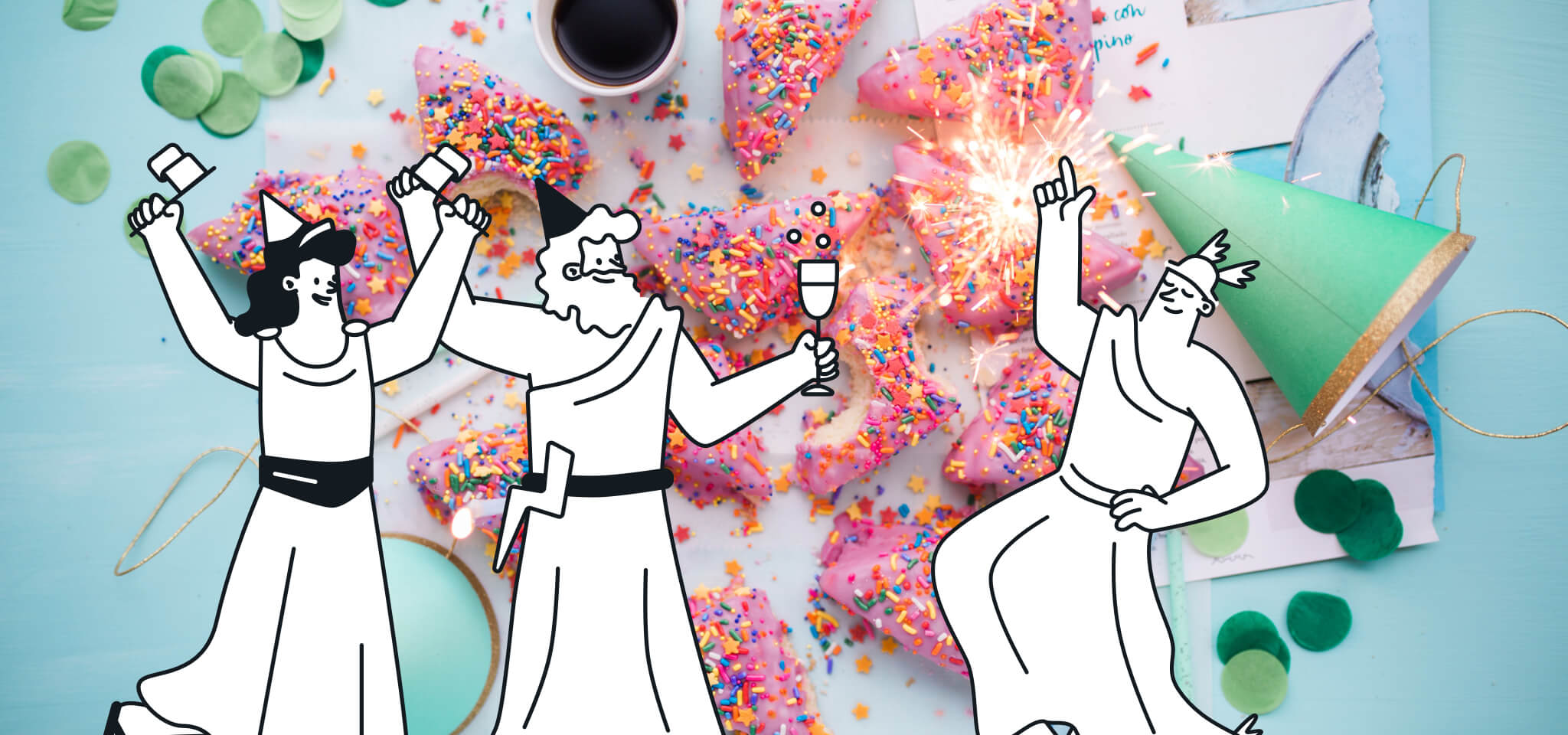 3 gods celebrating with pink doughnuts