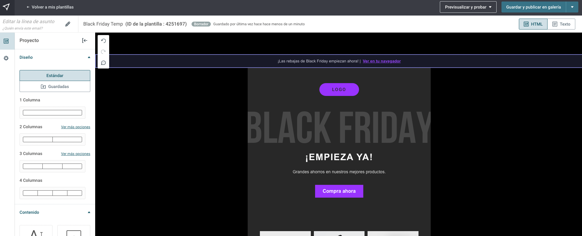 Captura de pantalla de nuestro Editor de emails con la plantilla de Black Friday.