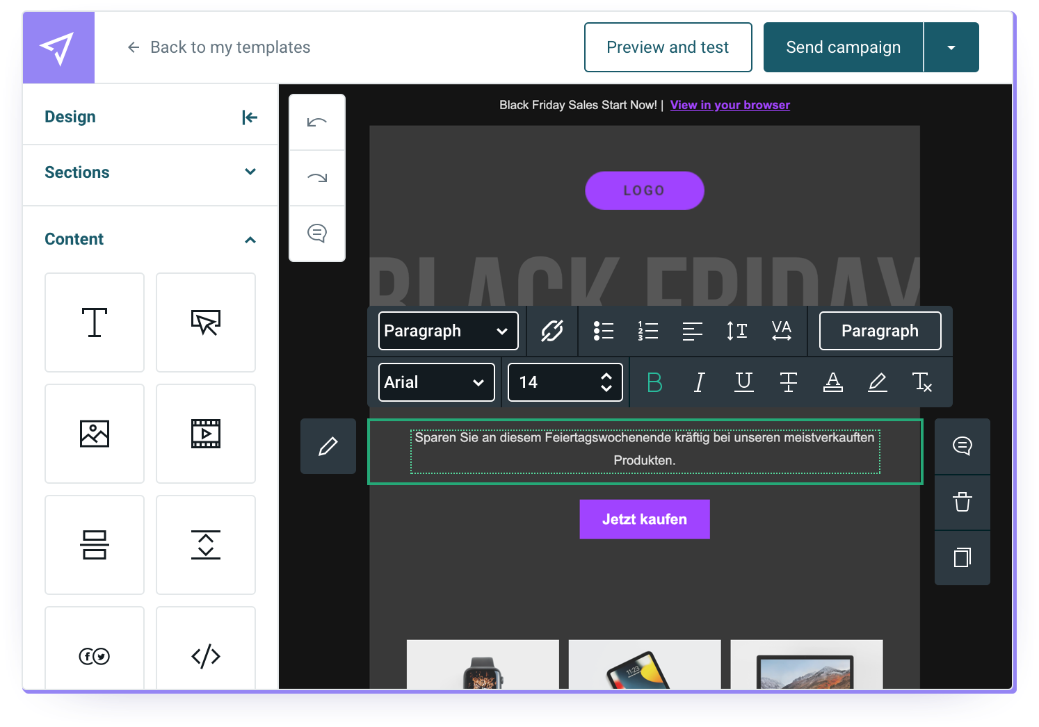 Auch bei Black Friday Newslettern sollten Sie die oben genannten Fehler vermeiden. Hier eine passende Newsletter-Vorlage, die im E-Mail-Editor in der Mailjet-App zu finden ist und einfach bearbeitet werden kann.
