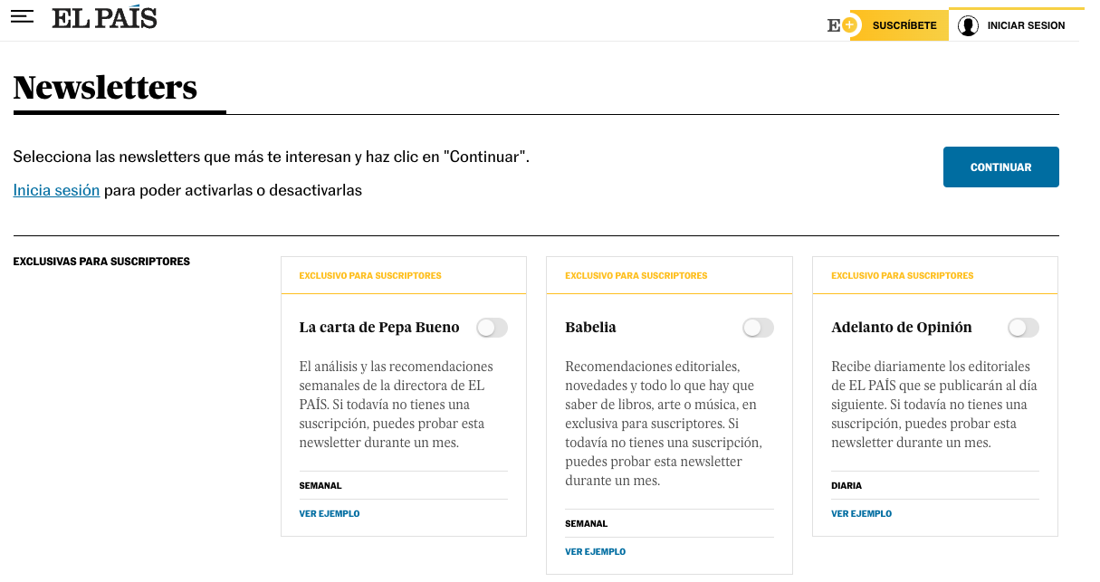 Página de destino específica para newsletters de El País.