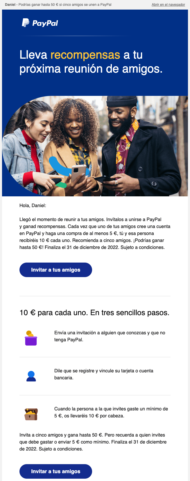 Captura de pantalla de un email de recompensas por traer amigos de PayPal.