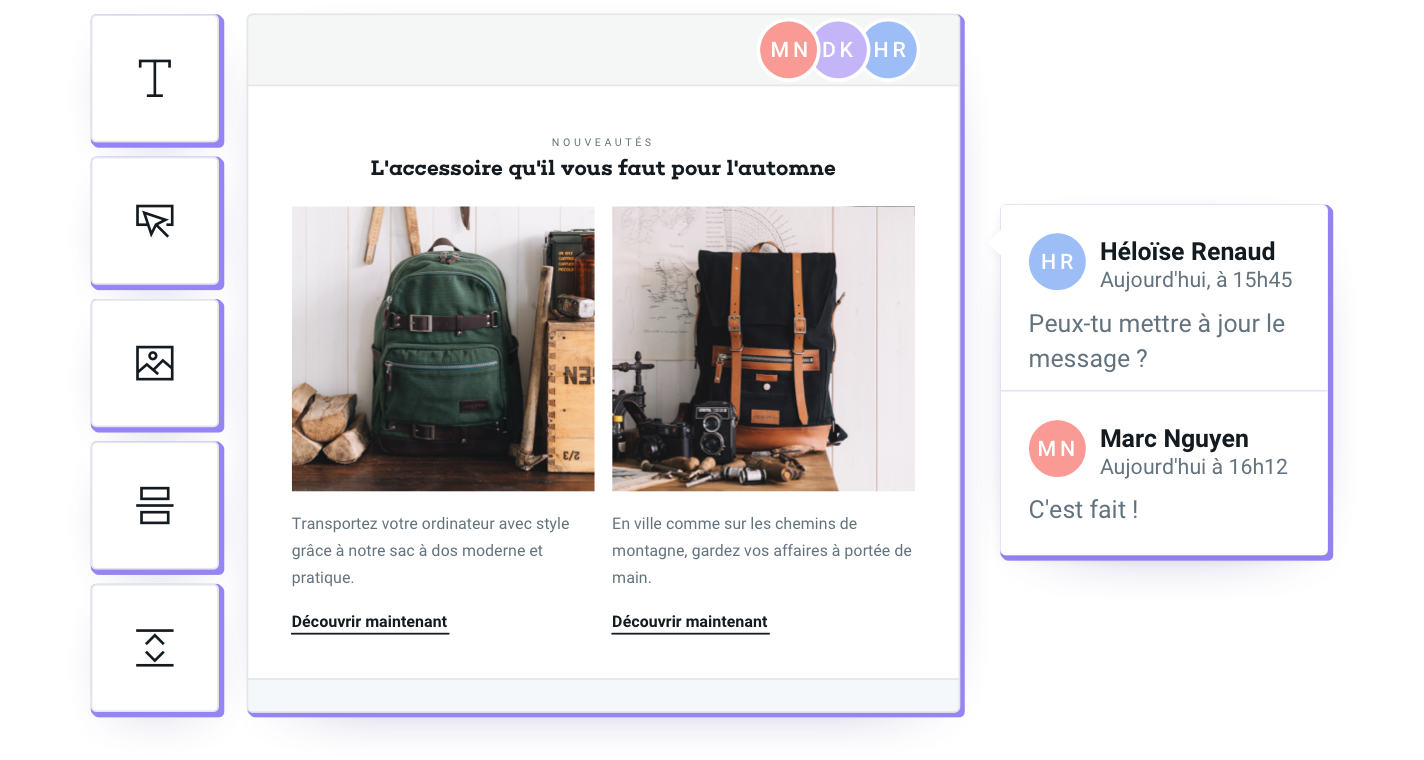 La fonctionnalité de travail collaboratif dans l’éditeur d’emails de Mailjet.