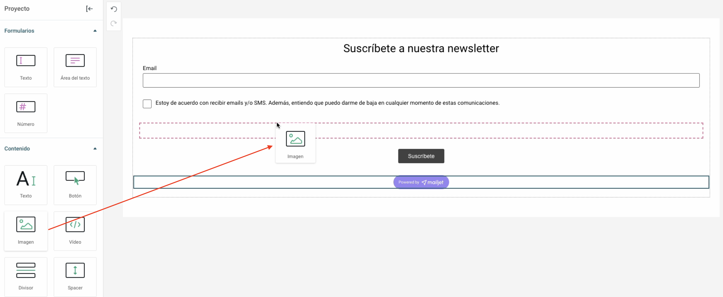 Captura de pantalla de la herramienta para diseñar formularios en Mailjet.