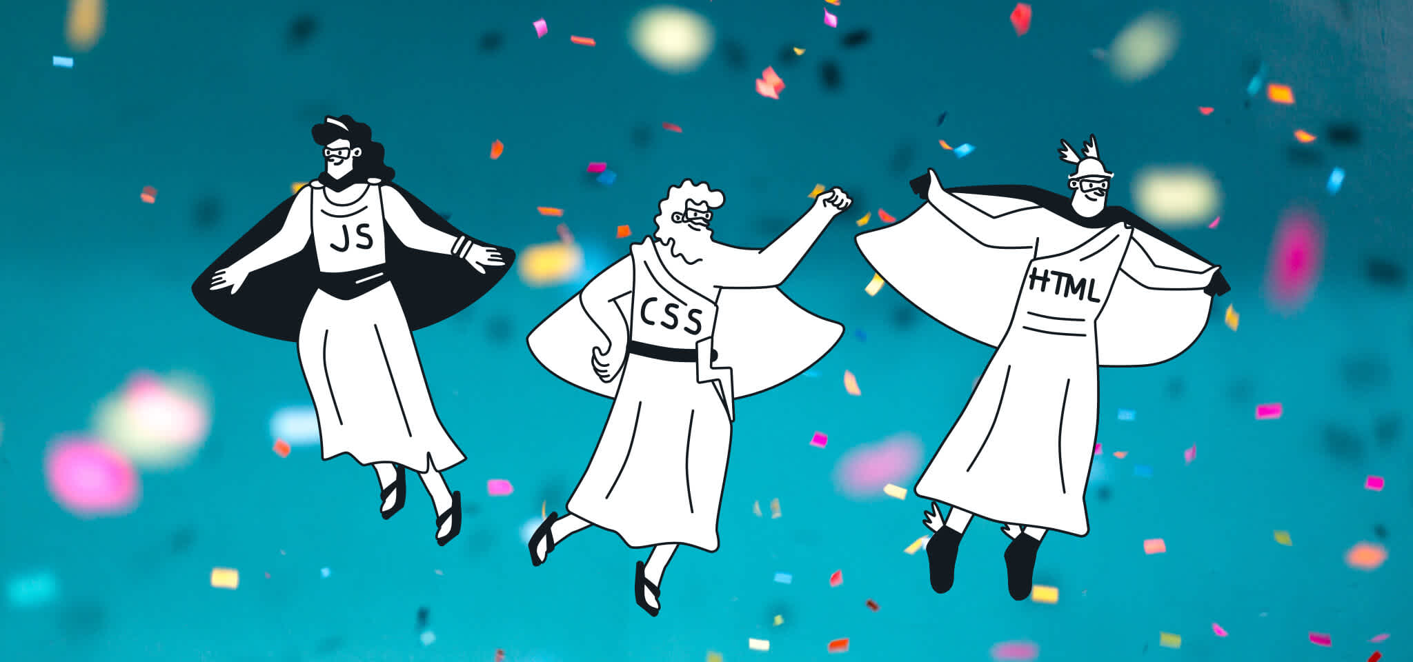 Three superhero Gods in front of a blue background with confetti