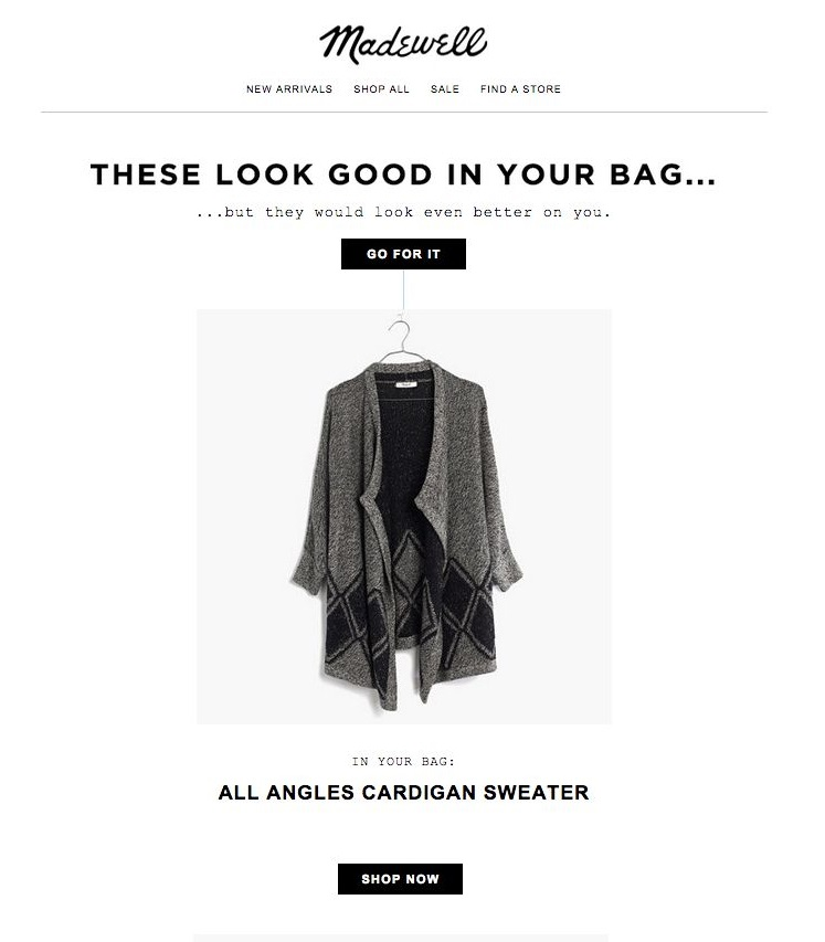 Abandon cart email featuring image of cardigan.