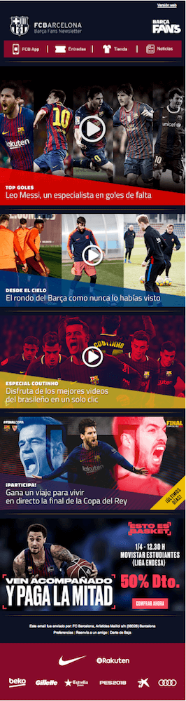 Ejemplo de newsletter de FC Barcelona con contenido exclusivo