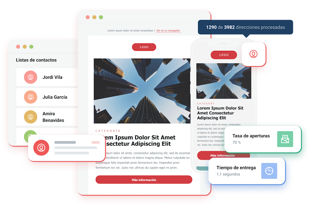 Emails responsive con cajas con información a su alrededor.