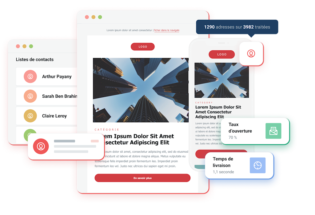 Des emails en design responsif avec différentes bulles d'information autour d'eux.