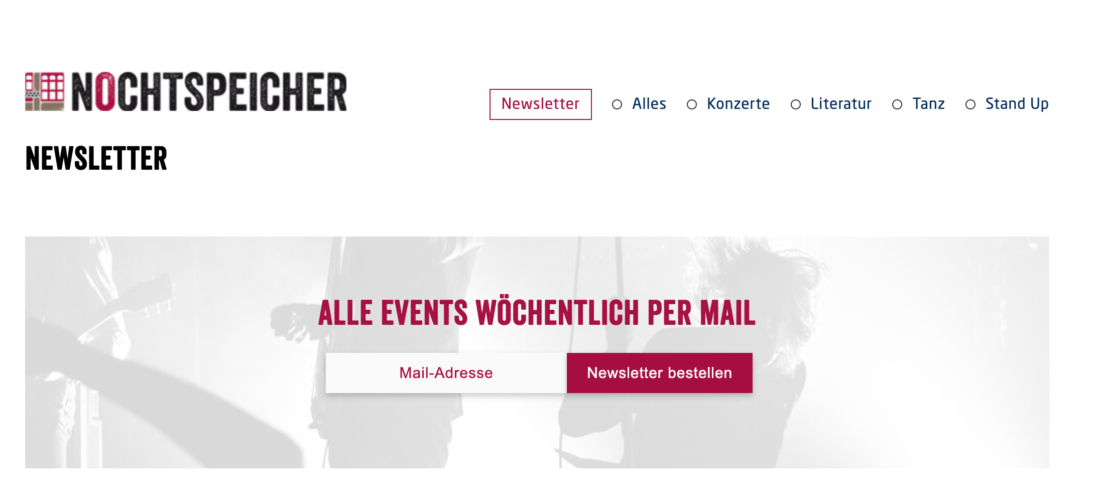 E-Mail-Anmeldemöglichkeit für Musik-Veranstaltungsort Nochtspeicher in Hamburg
