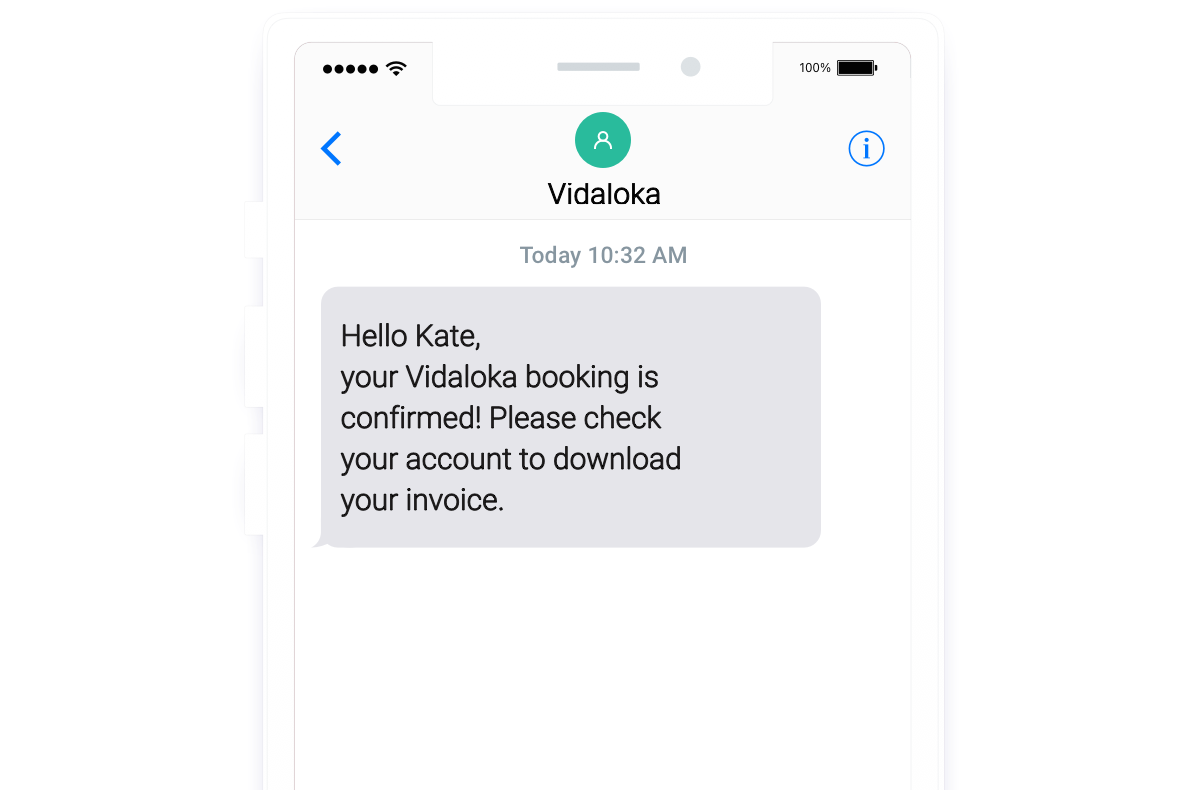 An SMS message confirming booking.