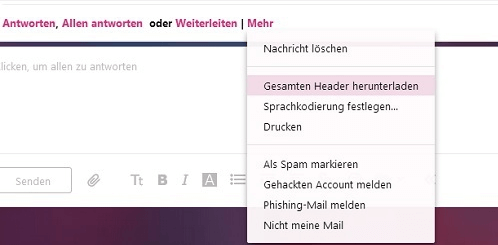 Wie Sie zum E-Mail Header bei Yahoo Mail gelangen. Bild von Chip.de