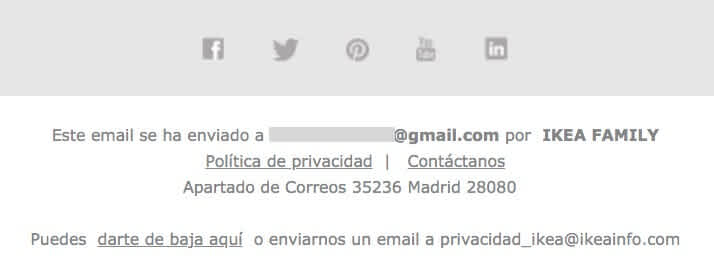 Ejemplo de pie de página de una newsletter con sus correspondientes avisos legales