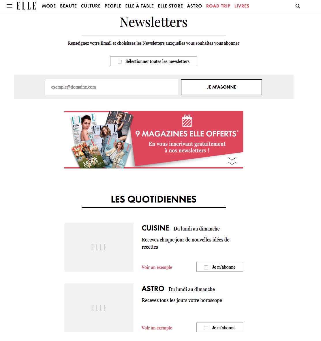 Exemple de landing page pour s'inscrire aux newsletters du magazine Elle