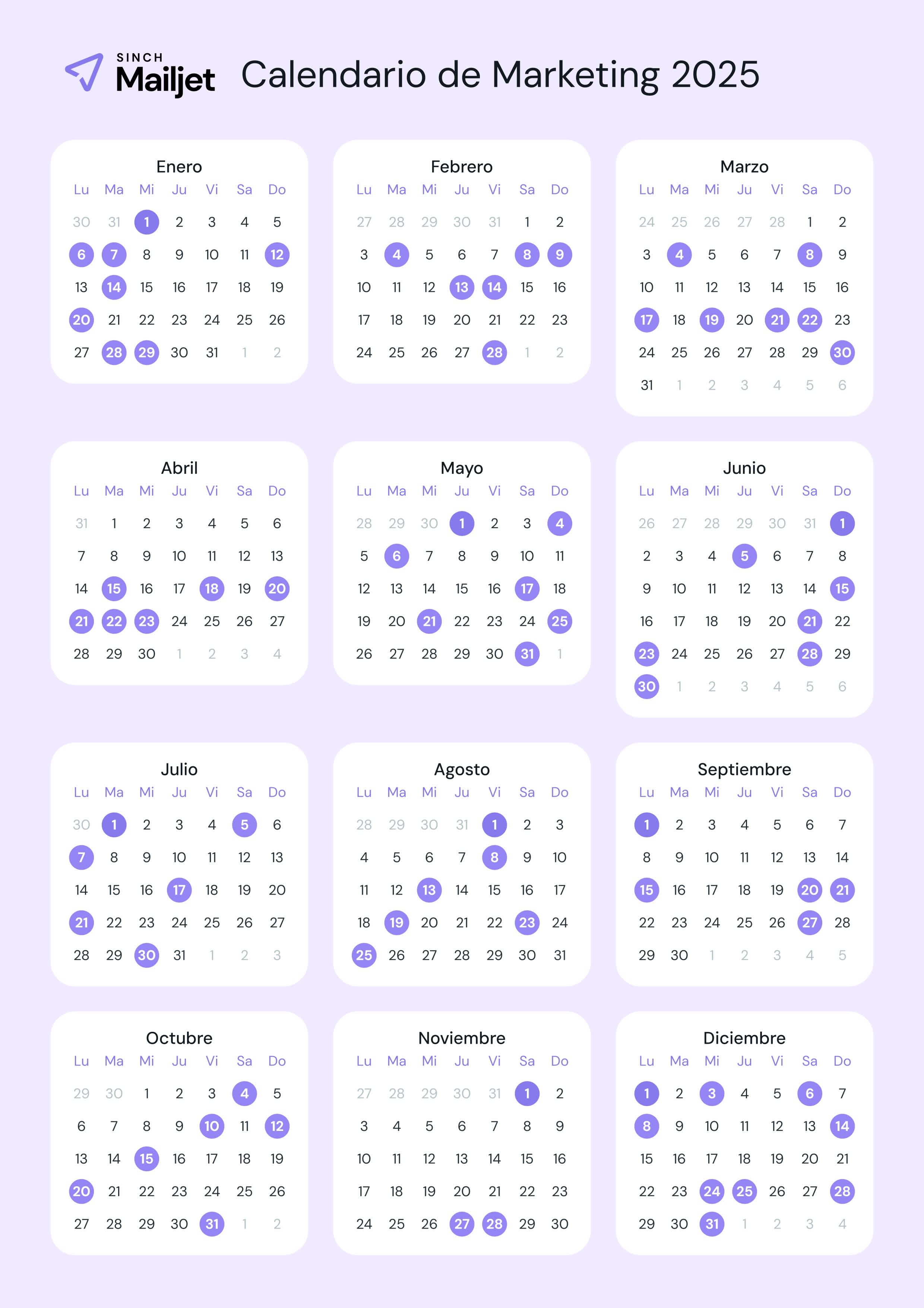 Calendario de marketing de 2025 con todas las fechas destacadas para este año.