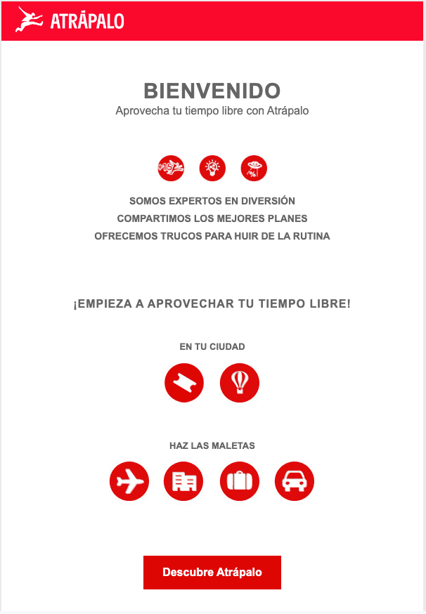 Email de bienvenida de Atrápalo con iconos que actúan como CTA muy llamativos.