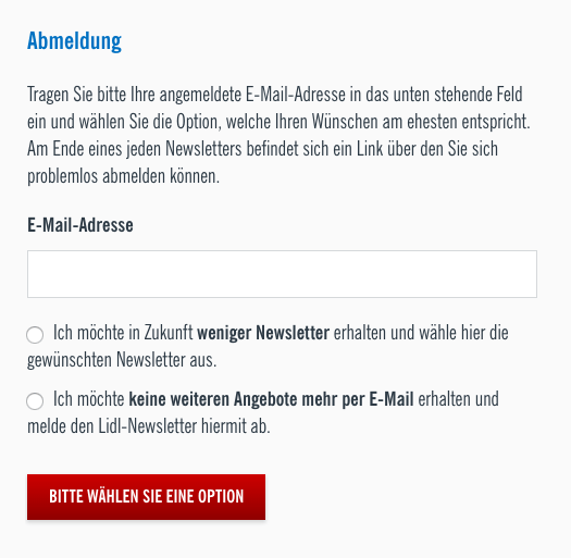 Abmeldung mit der Möglichkeit weniger Newsletter zu empfangen von Lidl