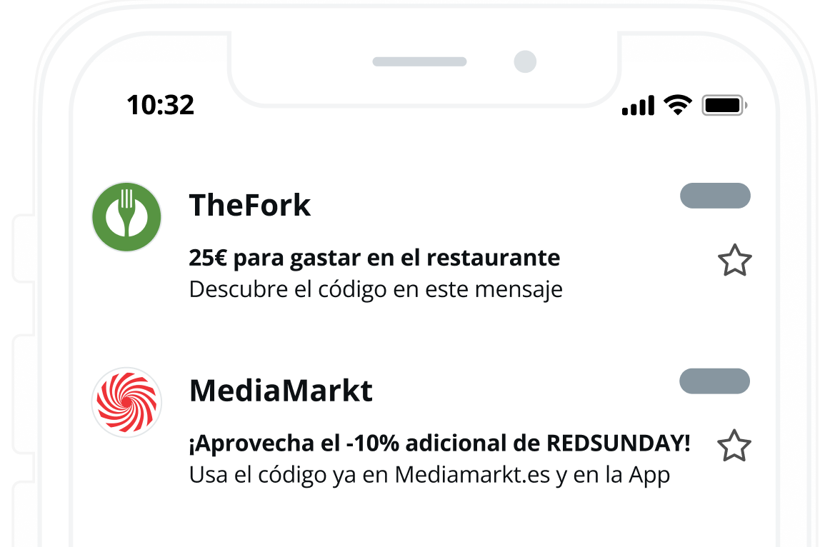 Ejemplos de líneas de asunto con beneficios: The Fork 25 € para gastar en el restaurante / MediaMarkt: ¡Aprovecha el -10 % adicional de REDSUNDAY!