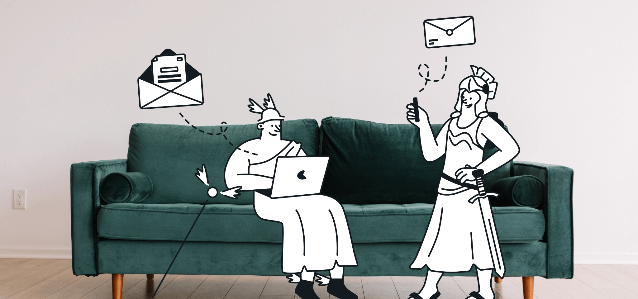 Hermes sitting on a green sofa with laptop
