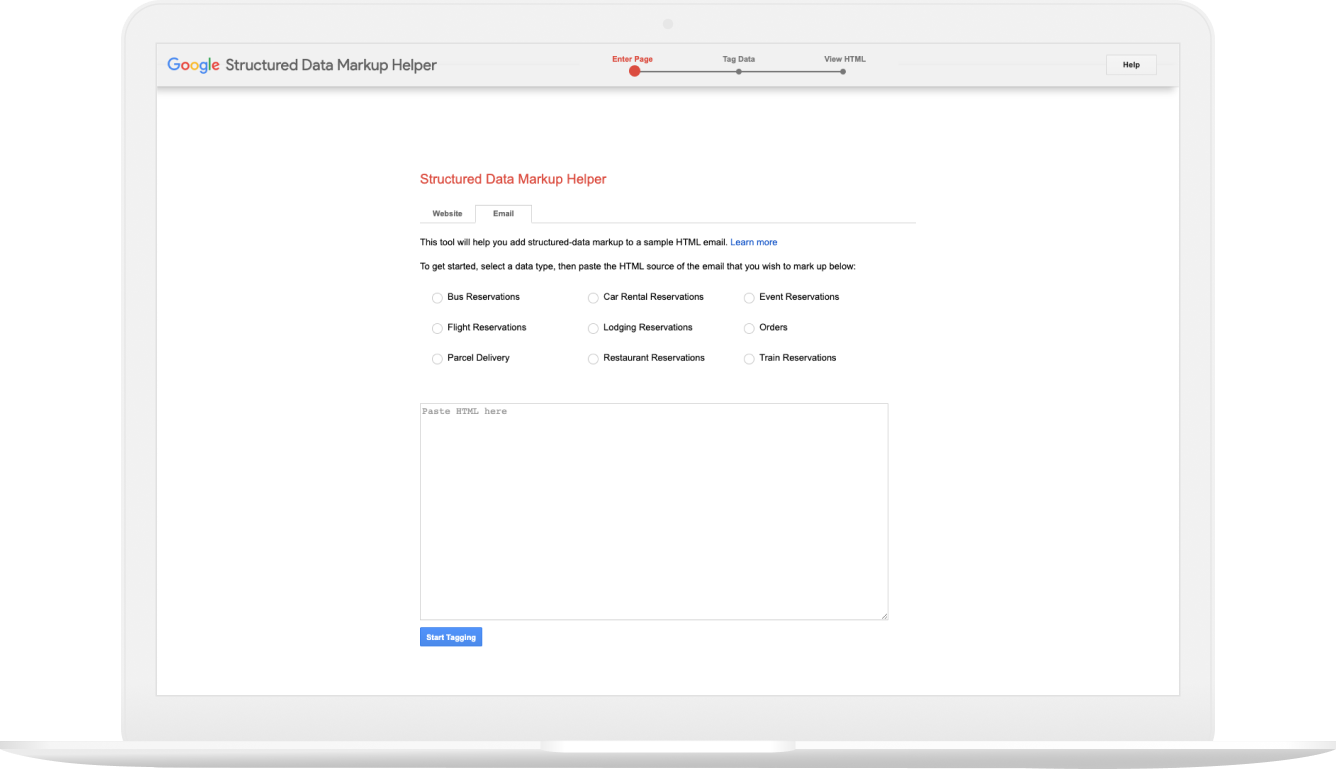 Capture d’écran de l’outil d’aide au balisage de Google