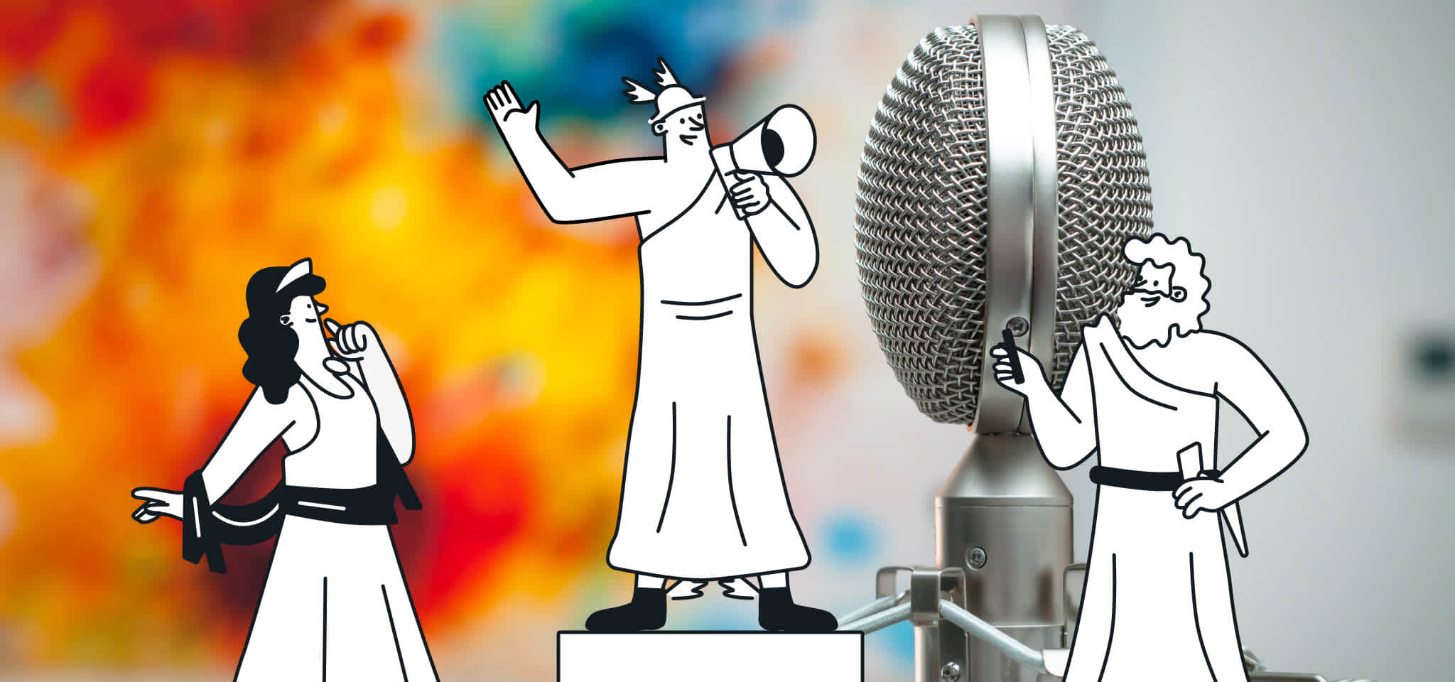 Hermes with megaphone and 2 gods listening