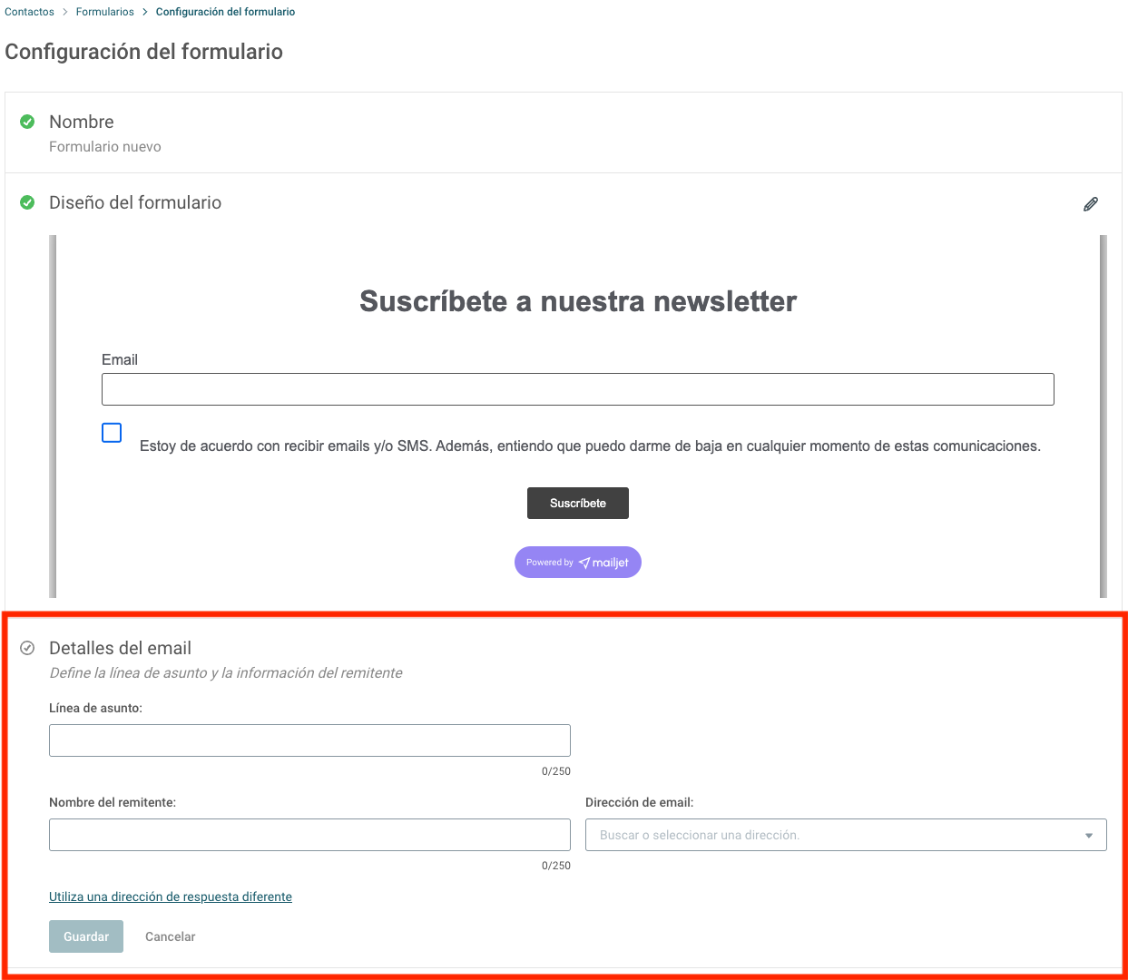 Captura de pantalla de la sección correspondiente en la Configuración del formulario en Mailjet.