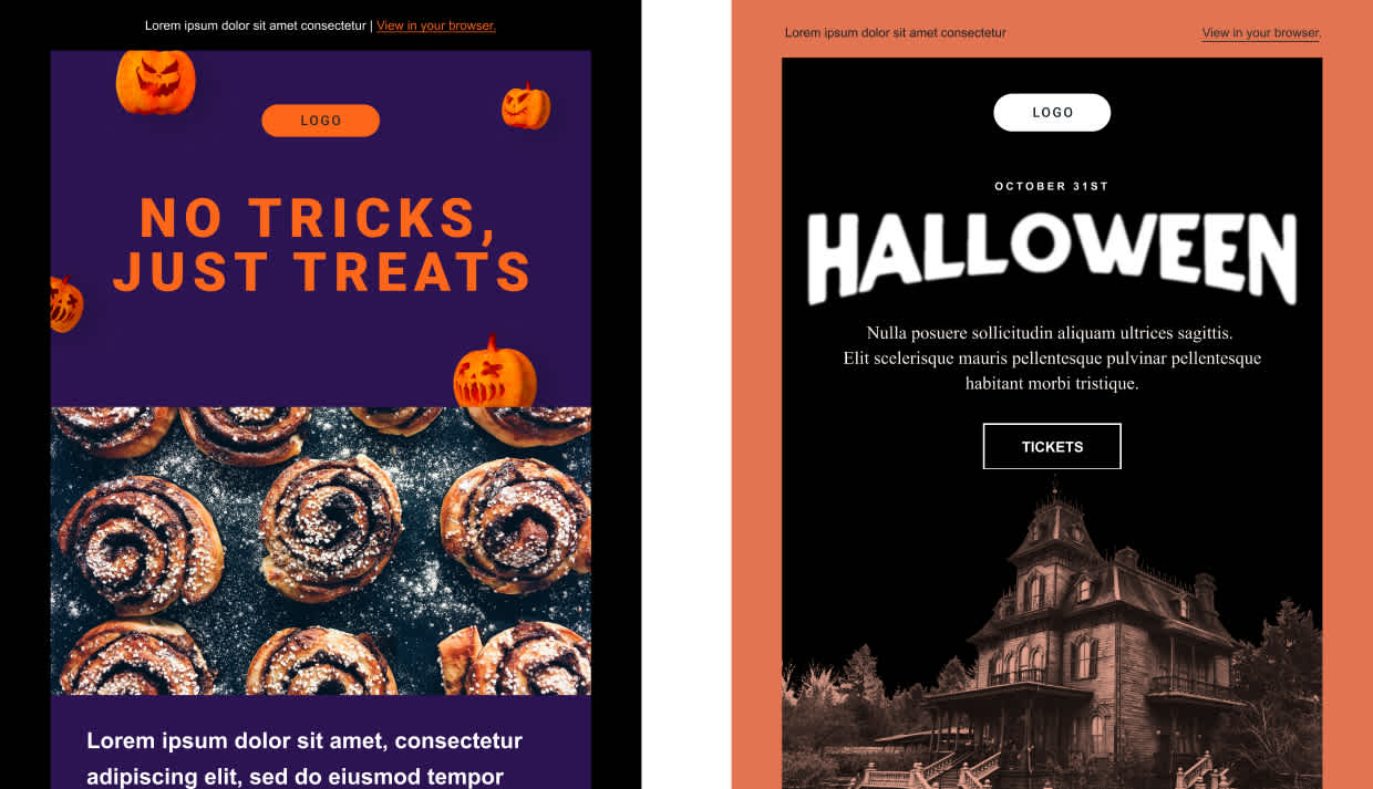 Captures d’écran des deux modèles d’emails d’Halloween disponibles dans Mailjet