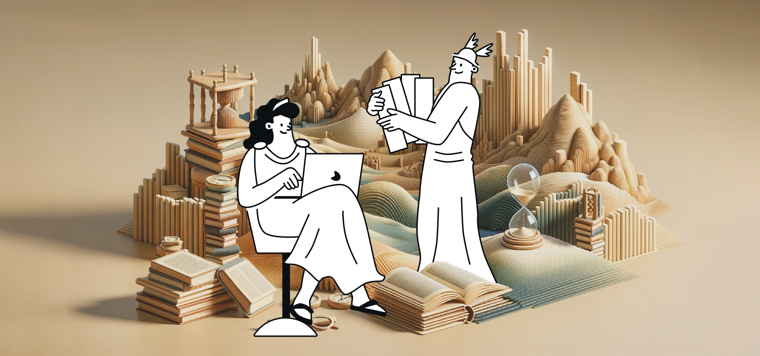 A Greek god carrying papers while a Greek goddess is sitting with a laptop