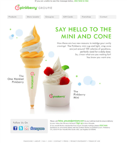 Pinkberry email showcasing text on the left side