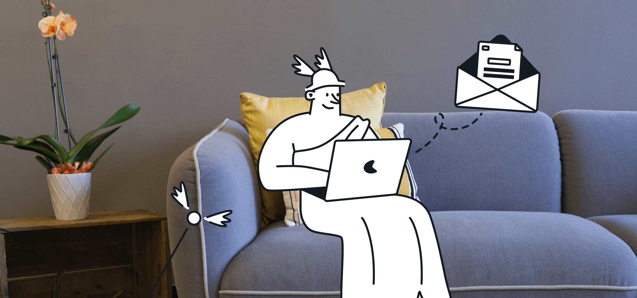 Hermes sends an email from a laptop on a sofa