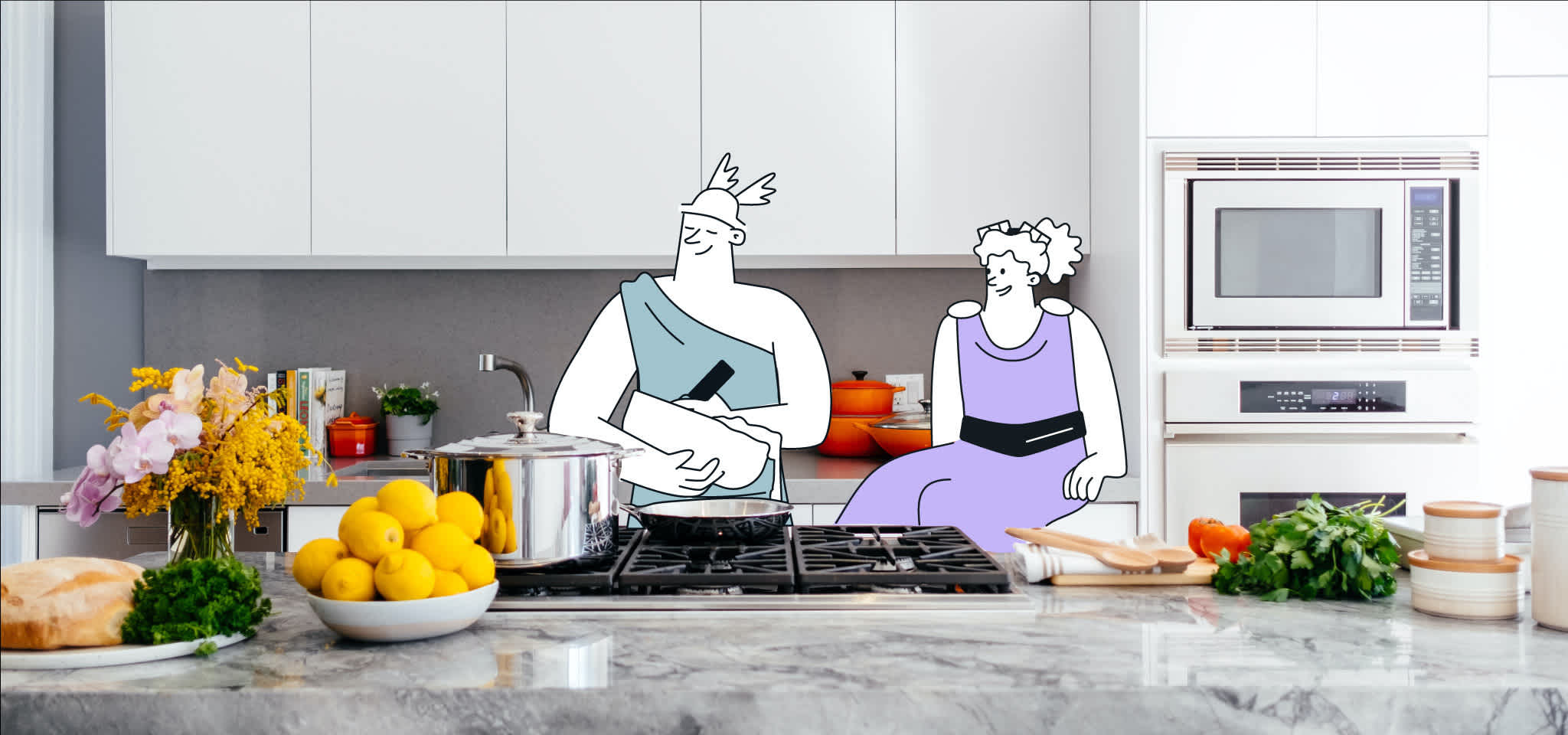 Hermes and Artemis bake a cake in a kitchen.