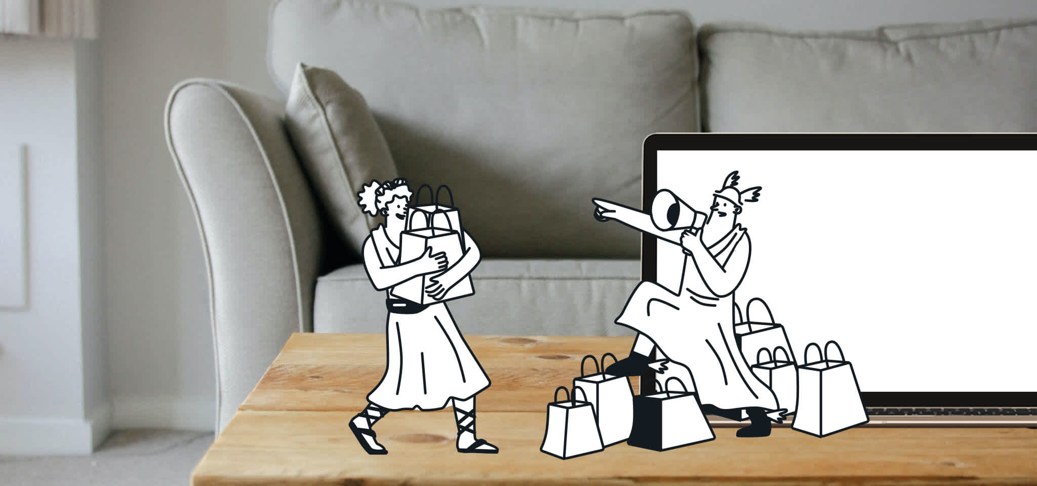 Hermes and a Goddess shopping in front of a sofa