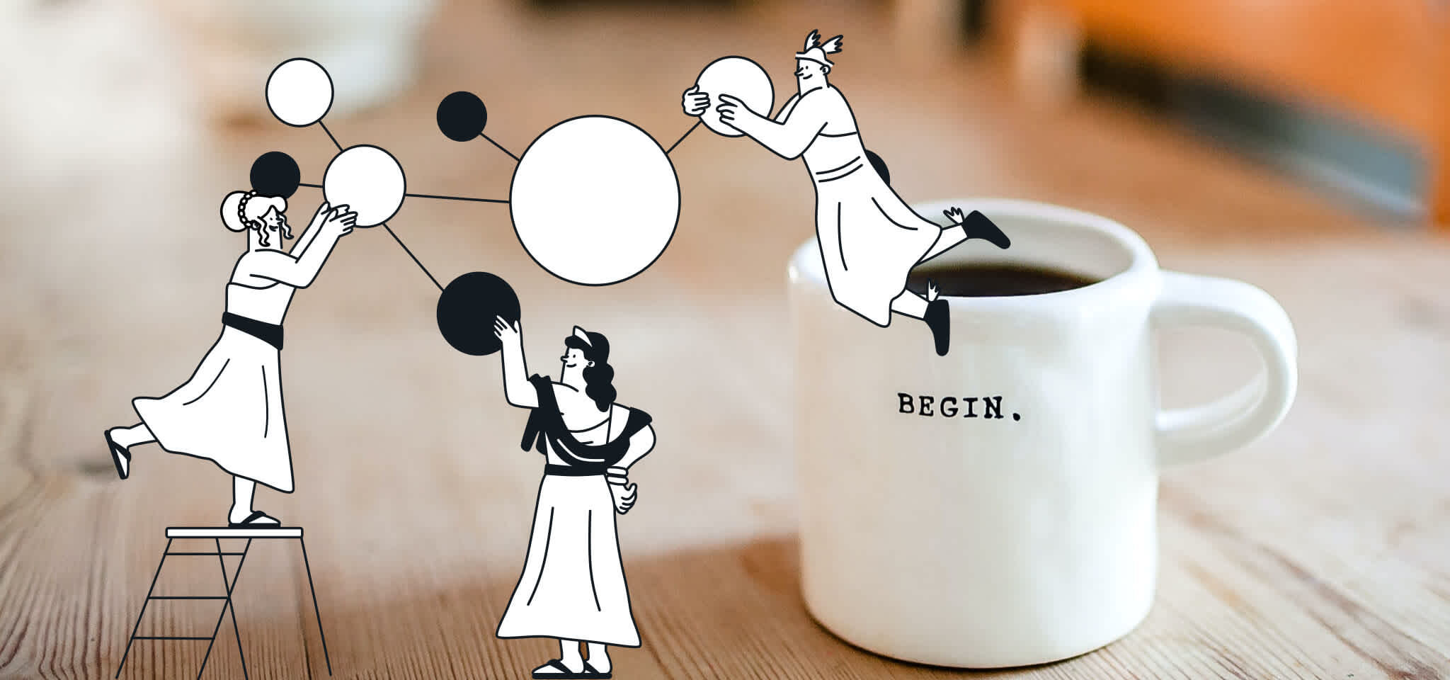 Hermes and two goddesses hang up some spheres in front of a mug