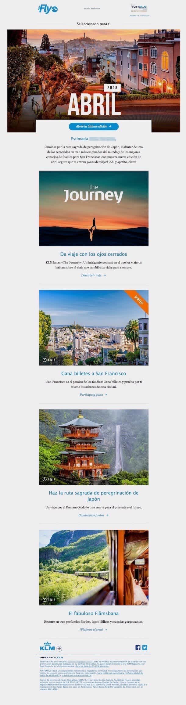 Ejemplo de newsletter de Flying Blue donde comparten su amor por los viajes