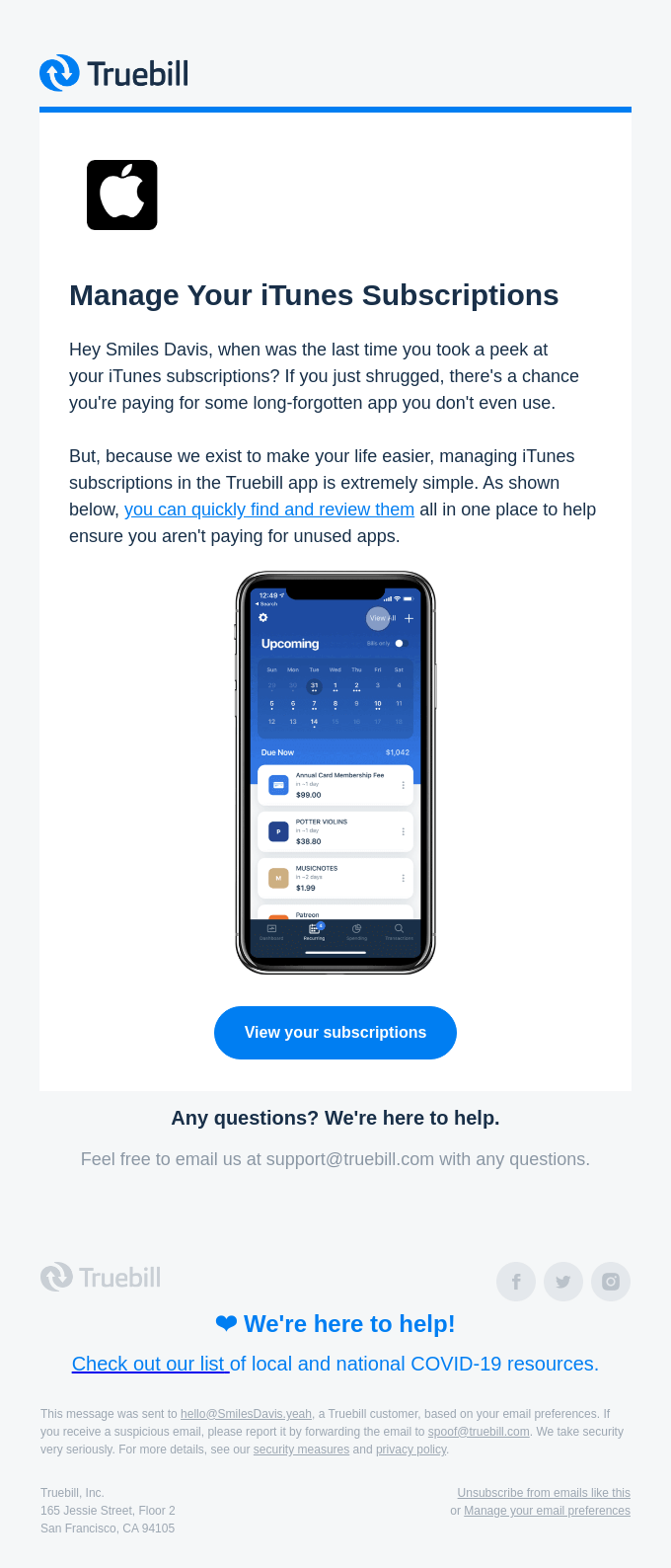 Captura de pantalla de un email enviado por la empresa de SaaS Truebill a un segmento específico